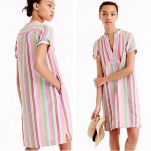 J. Crew Short Sleeve Cotton Linen Blend Dress in Pastel Striped Size XS
